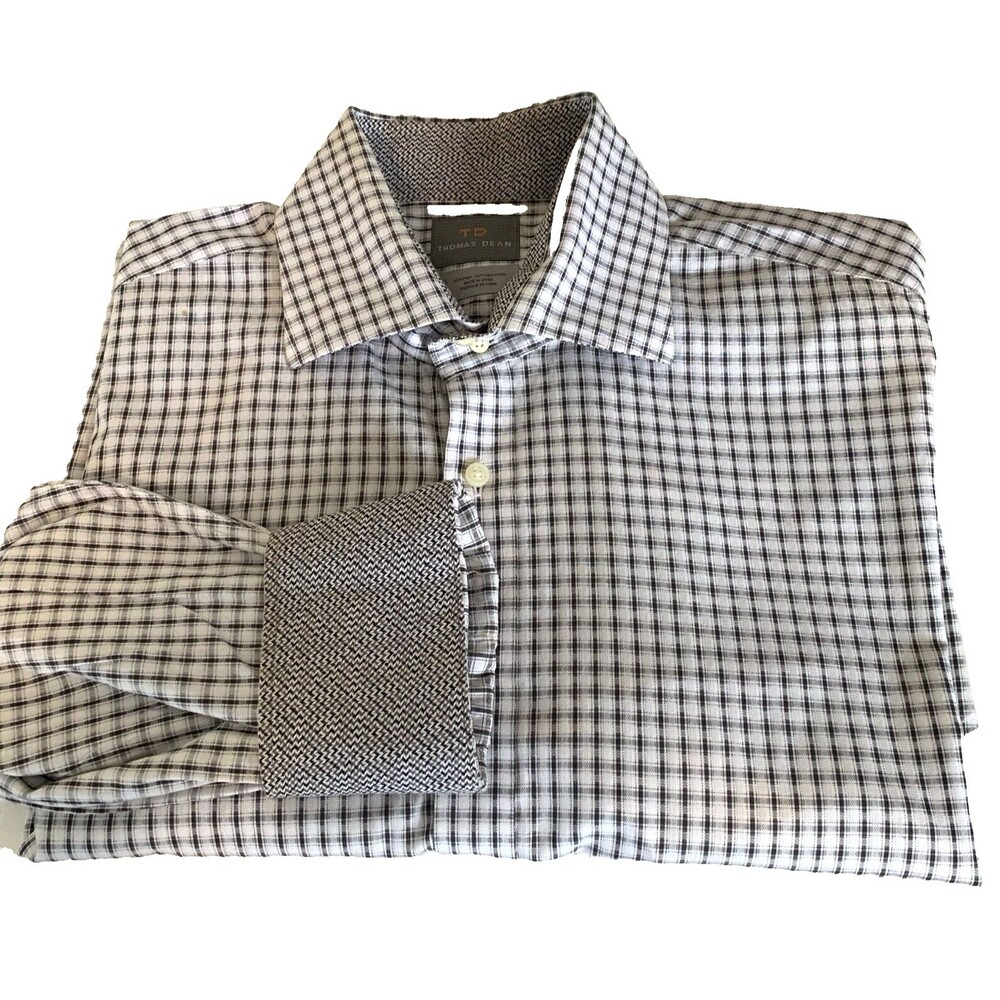 Thomas Dean Flip Cuff Dress Shirt Mens XL 100% Pima Cotton LS Stylish Plaid